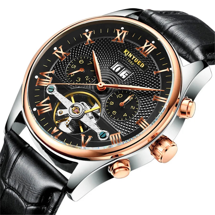KINYUED Tourbillon Men Watches Fashion Business Automatic Mechanical Watch Men Casual Leather Waterproof Watch Relogio Masculino