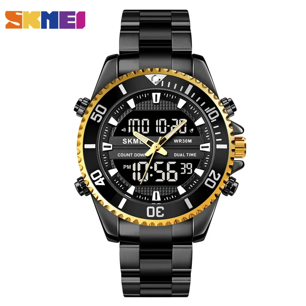 SKMEI 1850 Alarm Men Clock Waterproof Stainless Steel Relogio Masculino Dual Display Watches Mens Fashion Digital Wristwatches