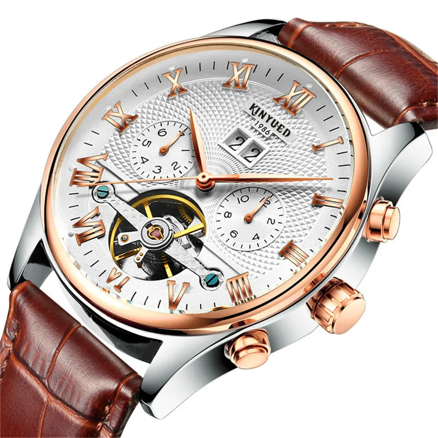KINYUED Tourbillon Men Watches Fashion Business Automatic Mechanical Watch Men Casual Leather Waterproof Watch Relogio Masculino