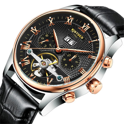 KINYUED Tourbillon Men Watches Fashion Business Automatic Mechanical Watch Men Casual Leather Waterproof Watch Relogio Masculino