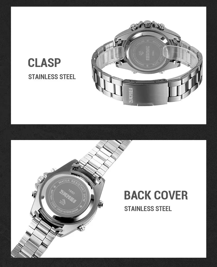 SKMEI 1850  Alarm Men Clock Waterproof Stainless Steel Relogio Masculino Dual Display Watches Mens Fashion Digital Wristwatches