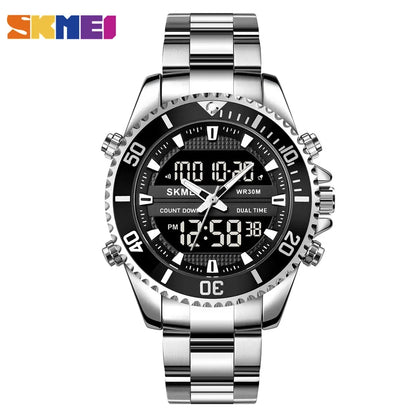 SKMEI 1850  Alarm Men Clock Waterproof Stainless Steel Relogio Masculino Dual Display Watches Mens Fashion Digital Wristwatches