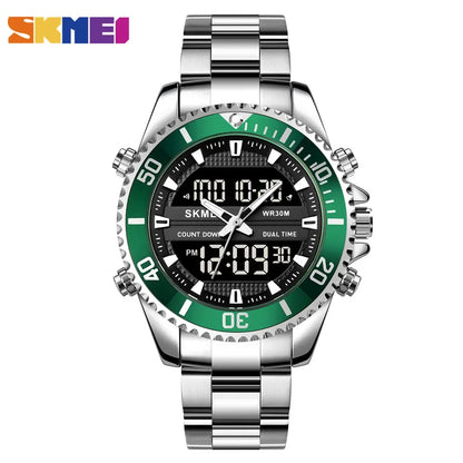 SKMEI 1850  Alarm Men Clock Waterproof Stainless Steel Relogio Masculino Dual Display Watches Mens Fashion Digital Wristwatches