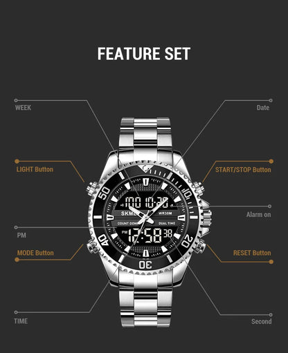 SKMEI 1850  Alarm Men Clock Waterproof Stainless Steel Relogio Masculino Dual Display Watches Mens Fashion Digital Wristwatches