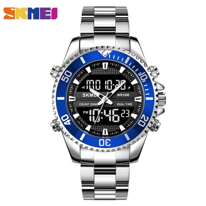 SKMEI 1850  Alarm Men Clock Waterproof Stainless Steel Relogio Masculino Dual Display Watches Mens Fashion Digital Wristwatches