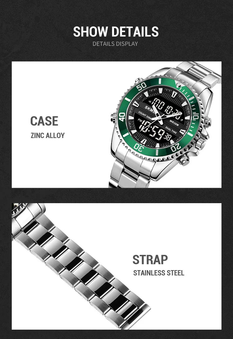 SKMEI 1850  Alarm Men Clock Waterproof Stainless Steel Relogio Masculino Dual Display Watches Mens Fashion Digital Wristwatches