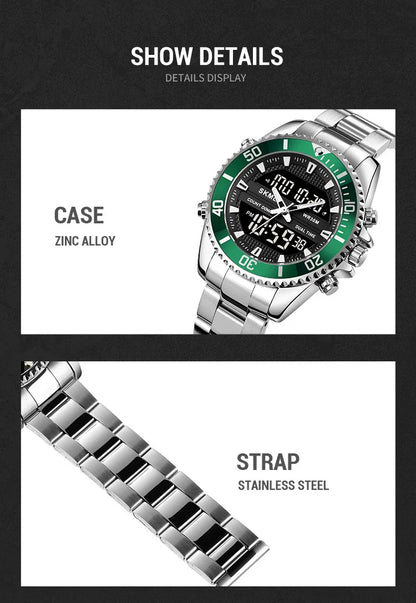 SKMEI 1850  Alarm Men Clock Waterproof Stainless Steel Relogio Masculino Dual Display Watches Mens Fashion Digital Wristwatches
