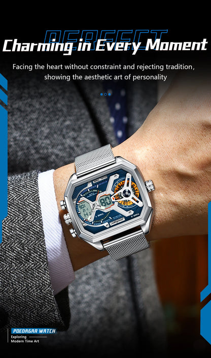 POEDAGAR Top Fashion Men Clock Rectangle Waterproof Date Week LED Man Watch Electronic Mesh Stainless Steel Quartz Men's Watches