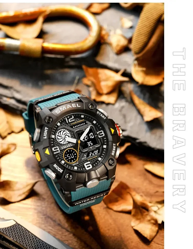 SMAEL Sport Chronograph Stopwatch Wrist Watches for Men Dual Display Waterproof Multi-Functional Digital Quartz Wristwatch Male