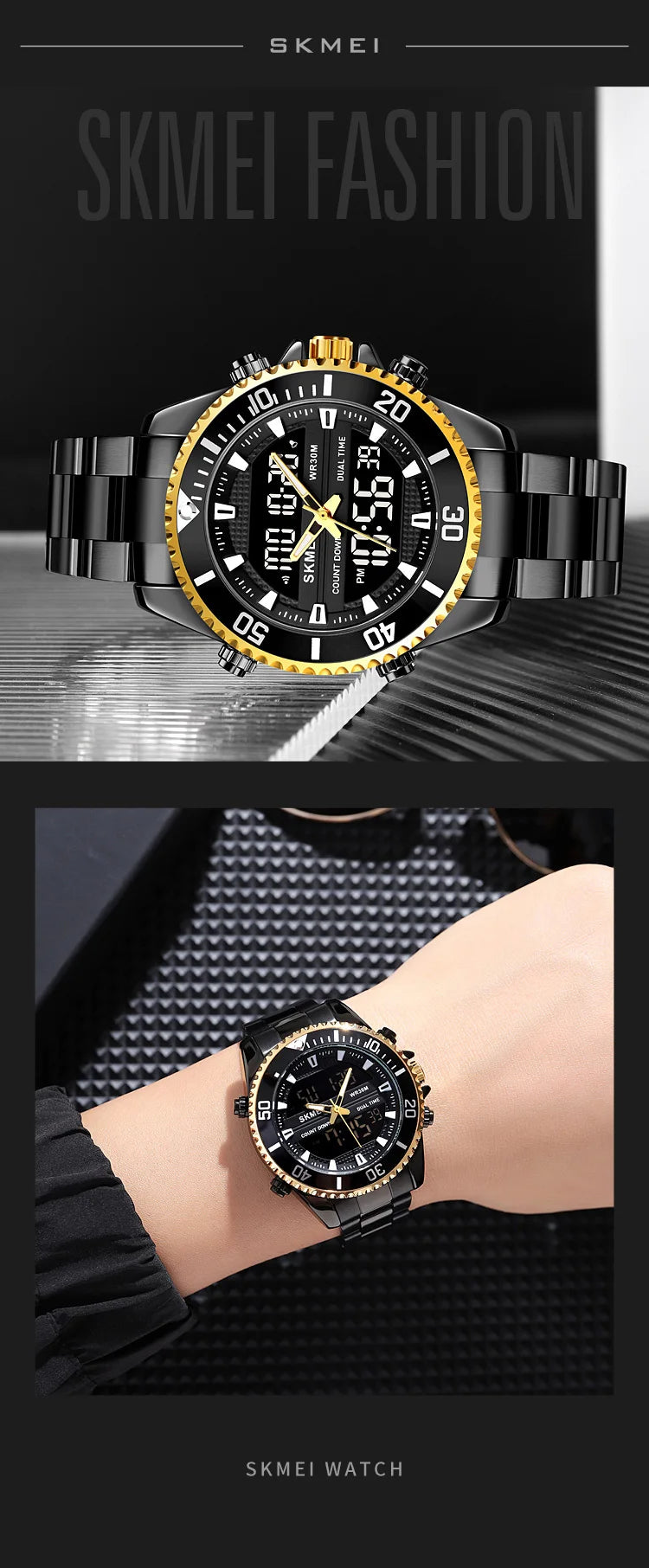 SKMEI 1850  Alarm Men Clock Waterproof Stainless Steel Relogio Masculino Dual Display Watches Mens Fashion Digital Wristwatches