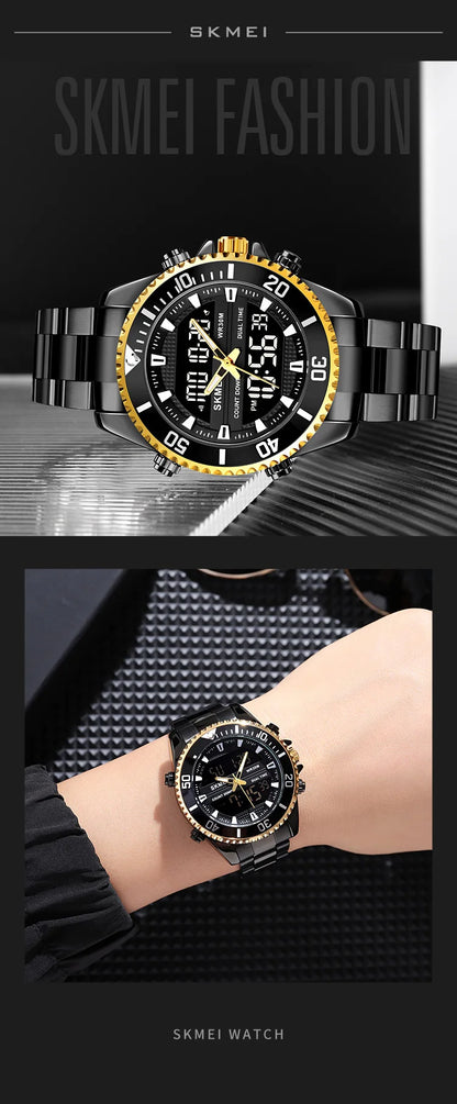 SKMEI 1850  Alarm Men Clock Waterproof Stainless Steel Relogio Masculino Dual Display Watches Mens Fashion Digital Wristwatches