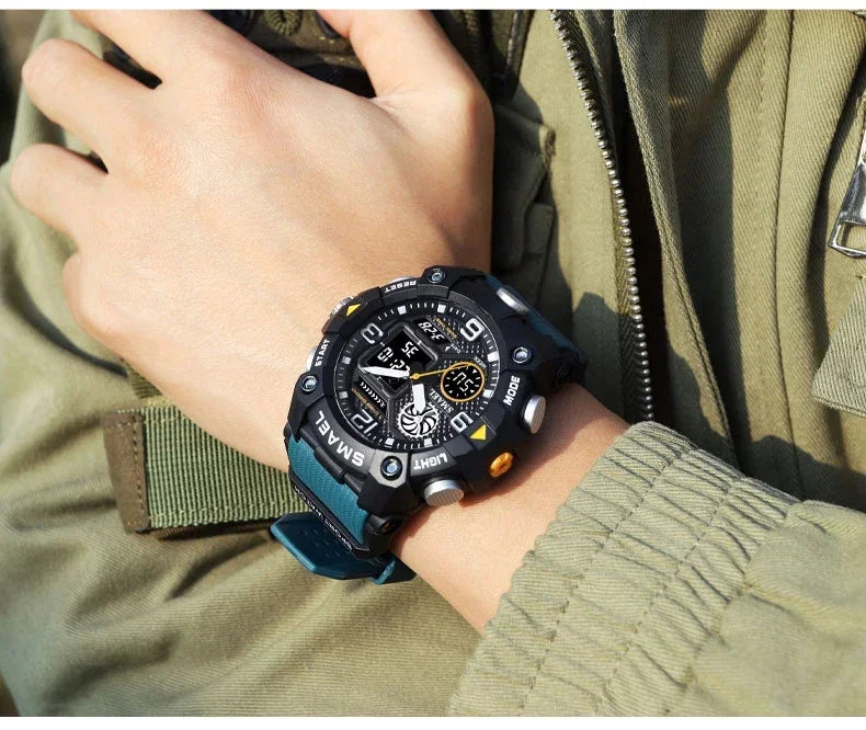 SMAEL Sport Chronograph Stopwatch Wrist Watches for Men Dual Display Waterproof Multi-Functional Digital Quartz Wristwatch Male