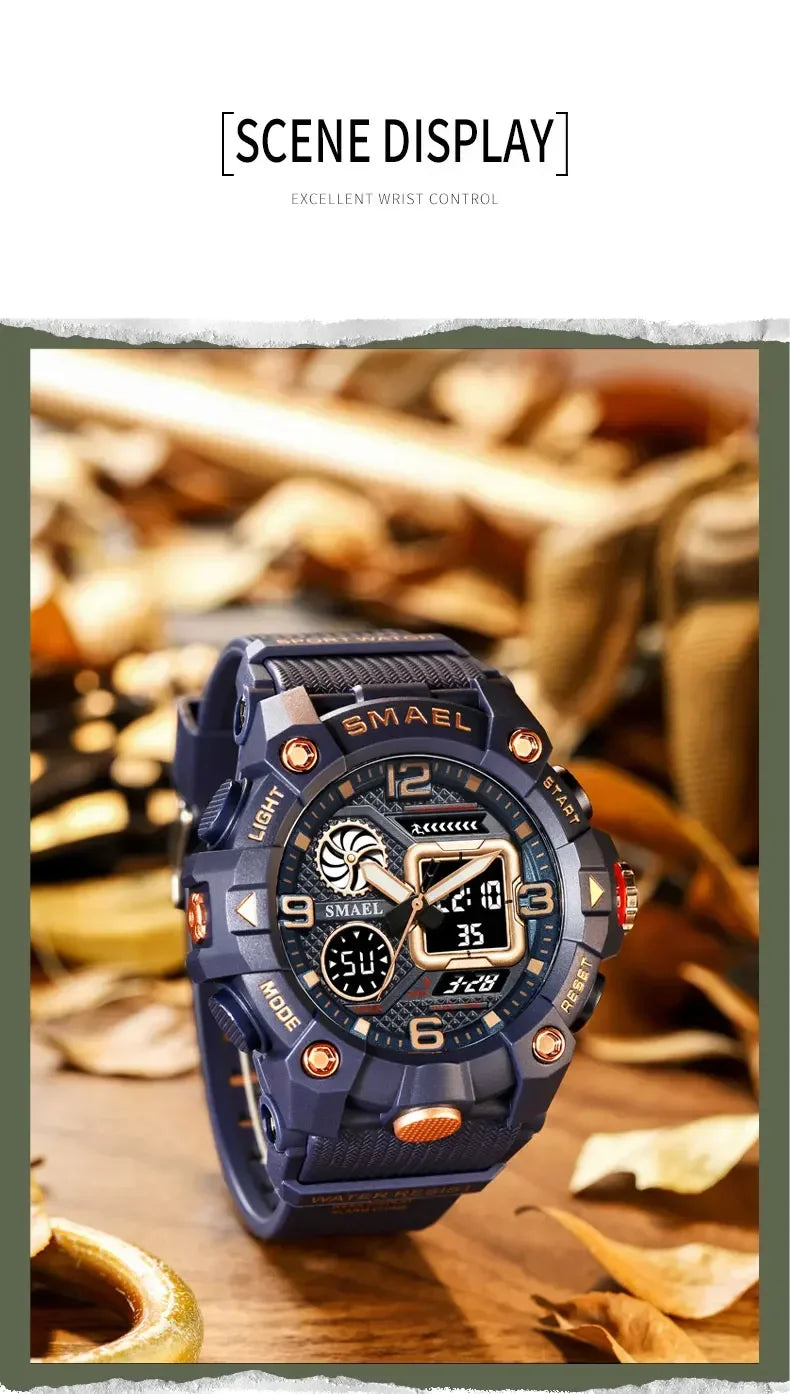 SMAEL Sport Chronograph Stopwatch Wrist Watches for Men Dual Display Waterproof Multi-Functional Digital Quartz Wristwatch Male