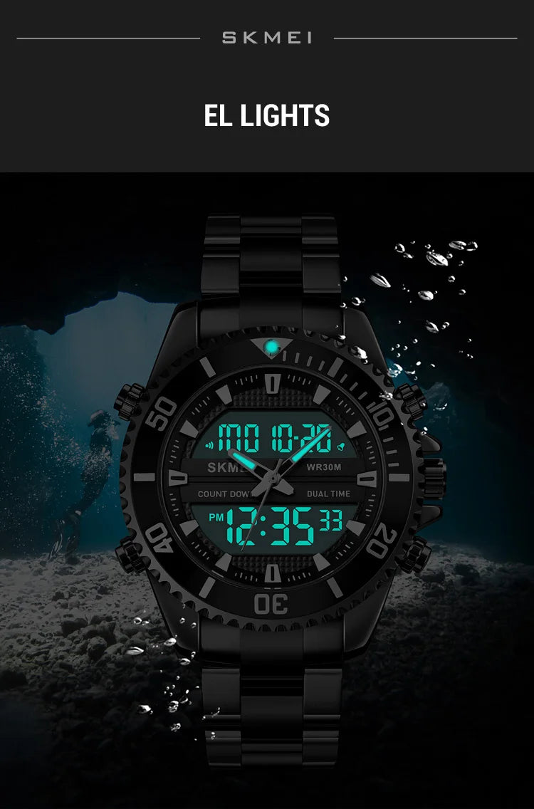 SKMEI 1850  Alarm Men Clock Waterproof Stainless Steel Relogio Masculino Dual Display Watches Mens Fashion Digital Wristwatches