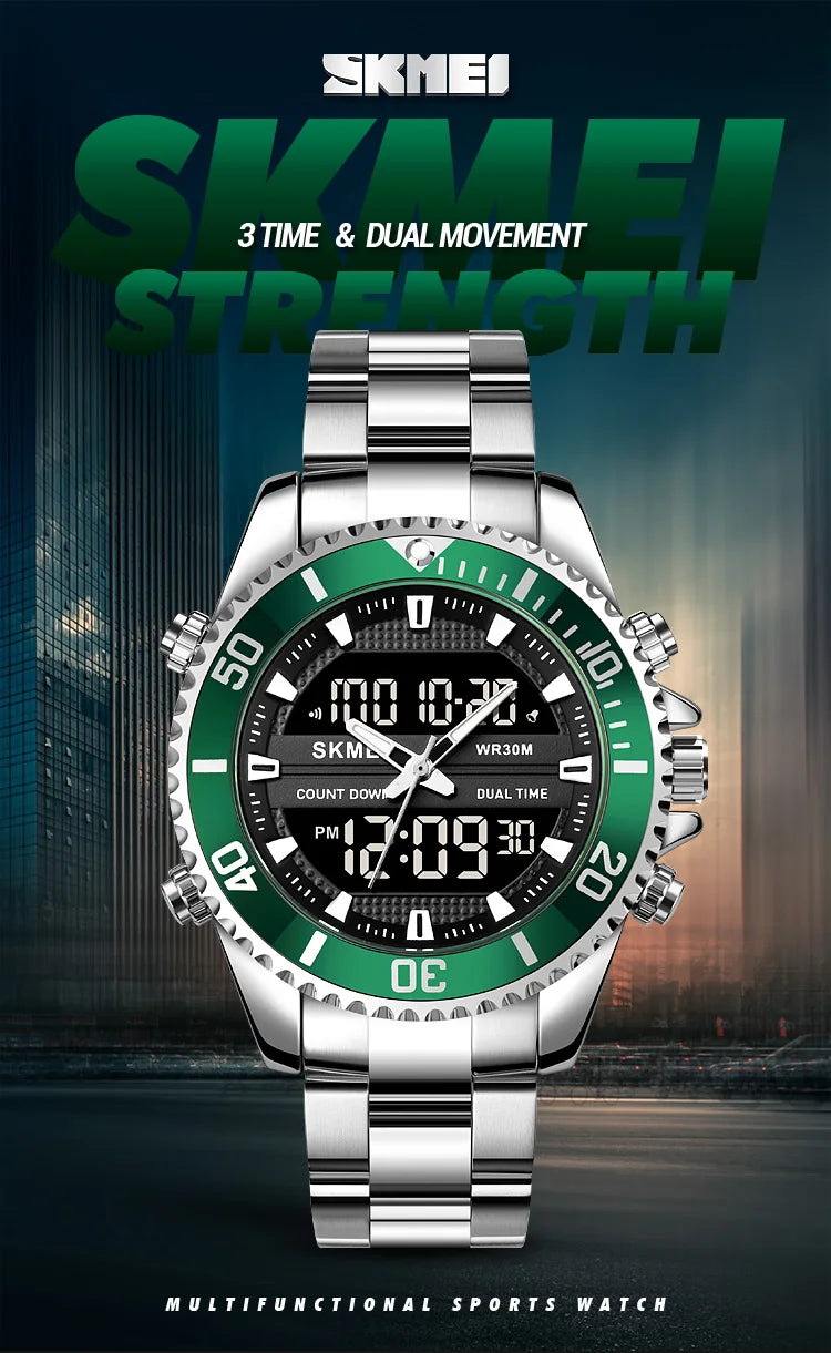 SKMEI 1850  Alarm Men Clock Waterproof Stainless Steel Relogio Masculino Dual Display Watches Mens Fashion Digital Wristwatches