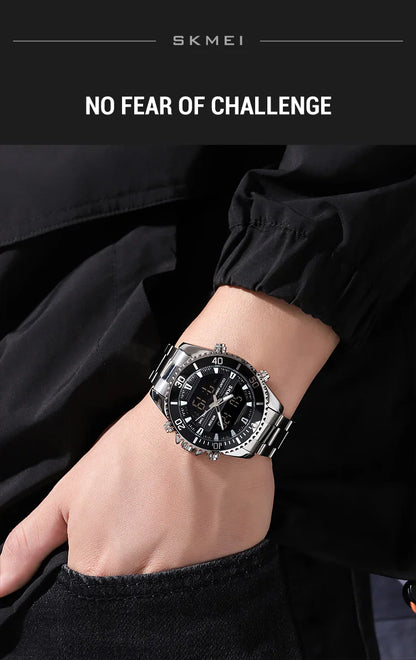 SKMEI 1850  Alarm Men Clock Waterproof Stainless Steel Relogio Masculino Dual Display Watches Mens Fashion Digital Wristwatches