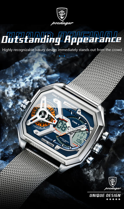 POEDAGAR Top Fashion Men Clock Rectangle Waterproof Date Week LED Man Watch Electronic Mesh Stainless Steel Quartz Men's Watches