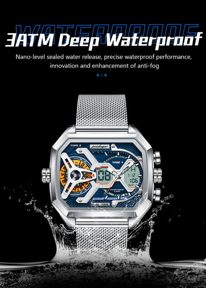 POEDAGAR Top Fashion Men Clock Rectangle Waterproof Date Week LED Man Watch Electronic Mesh Stainless Steel Quartz Men's Watches