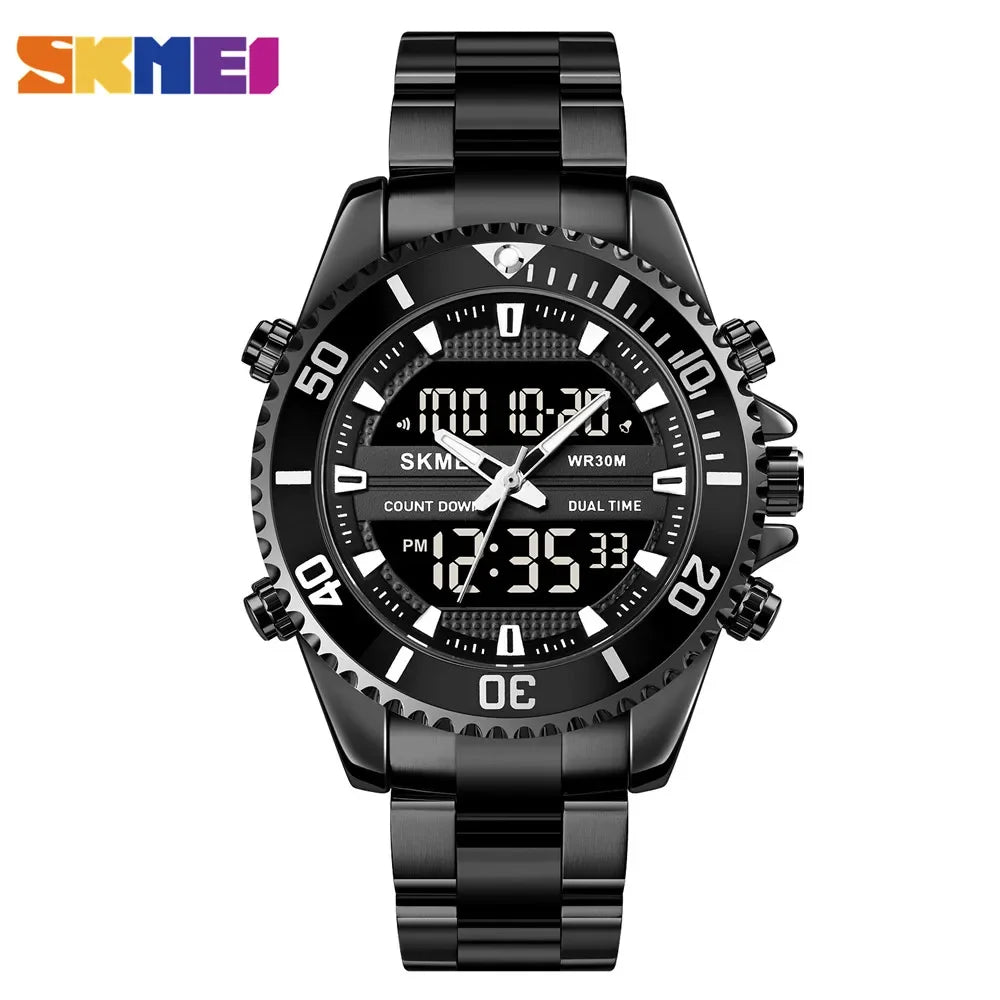 SKMEI 1850  Alarm Men Clock Waterproof Stainless Steel Relogio Masculino Dual Display Watches Mens Fashion Digital Wristwatches