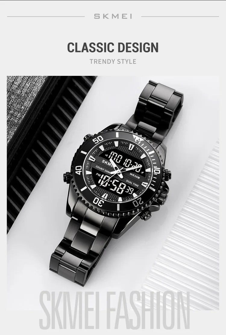 SKMEI 1850  Alarm Men Clock Waterproof Stainless Steel Relogio Masculino Dual Display Watches Mens Fashion Digital Wristwatches