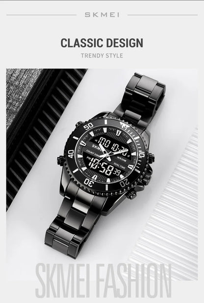 SKMEI 1850  Alarm Men Clock Waterproof Stainless Steel Relogio Masculino Dual Display Watches Mens Fashion Digital Wristwatches