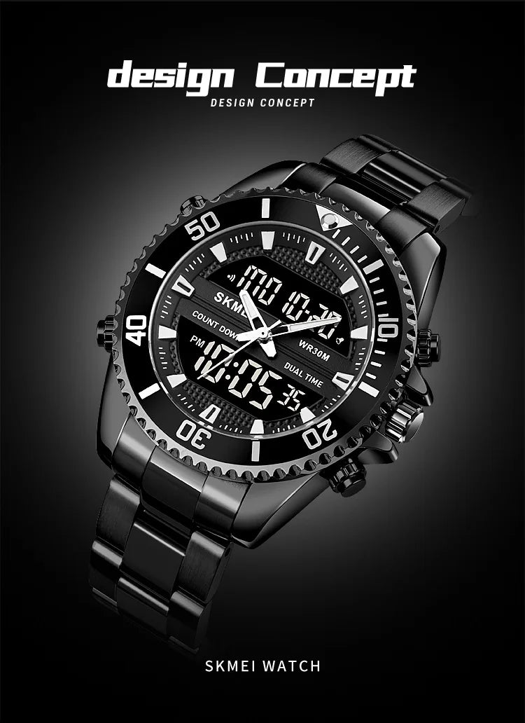 SKMEI 1850  Alarm Men Clock Waterproof Stainless Steel Relogio Masculino Dual Display Watches Mens Fashion Digital Wristwatches