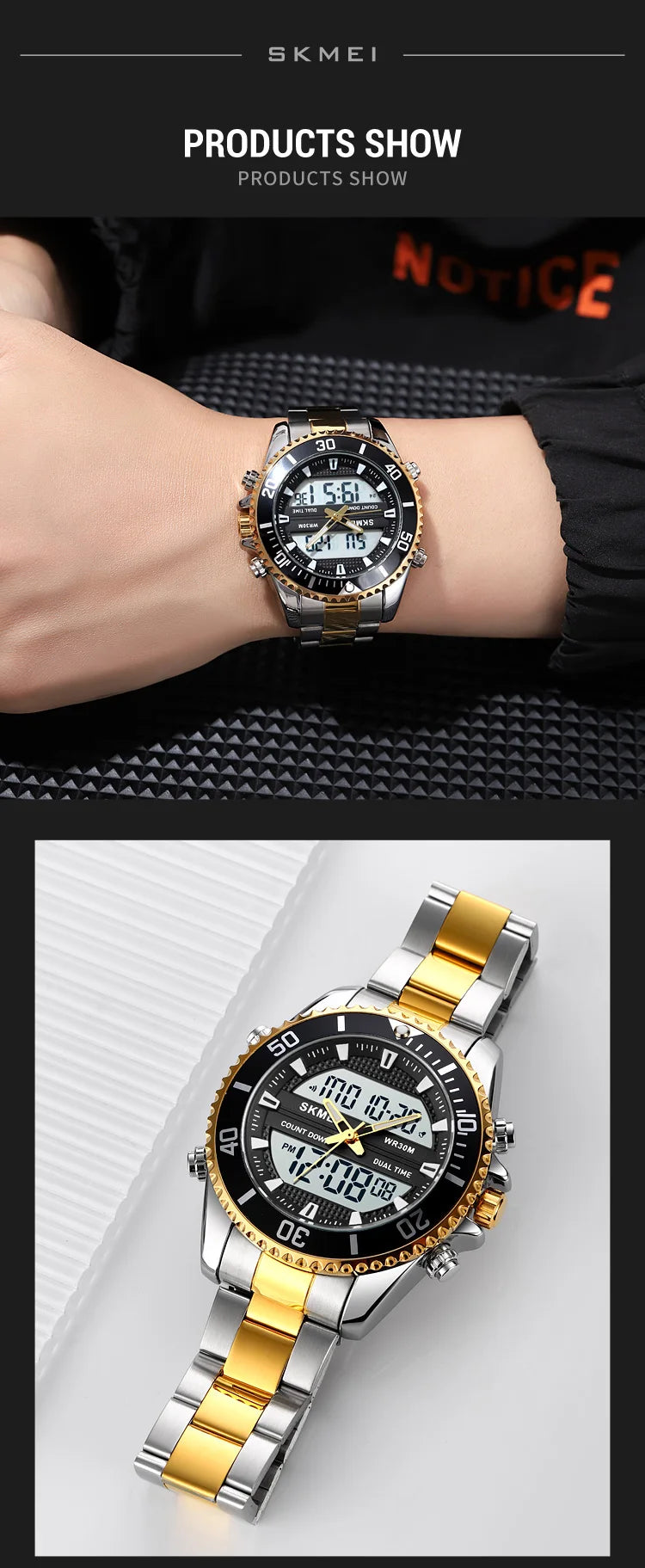 SKMEI 1850  Alarm Men Clock Waterproof Stainless Steel Relogio Masculino Dual Display Watches Mens Fashion Digital Wristwatches