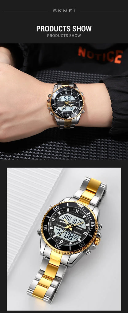 SKMEI 1850  Alarm Men Clock Waterproof Stainless Steel Relogio Masculino Dual Display Watches Mens Fashion Digital Wristwatches