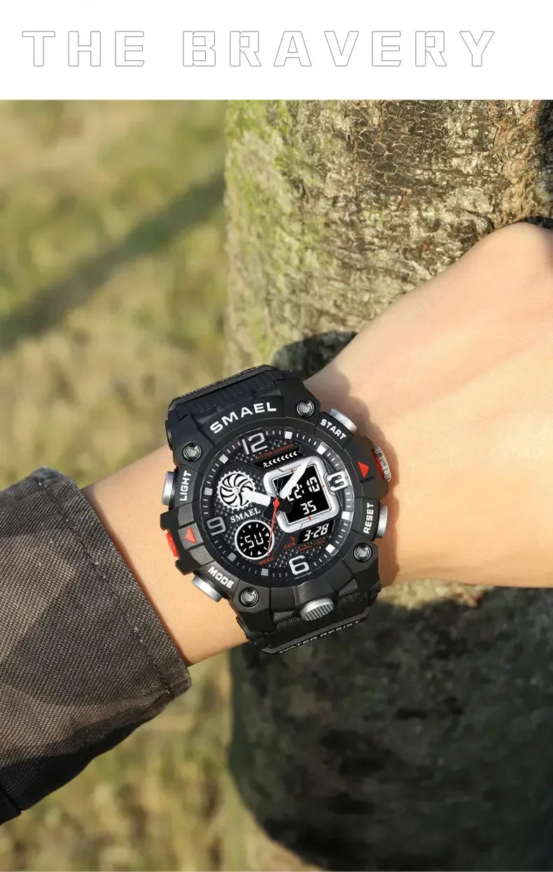SMAEL Sport Chronograph Stopwatch Wrist Watches for Men Dual Display Waterproof Multi-Functional Digital Quartz Wristwatch Male