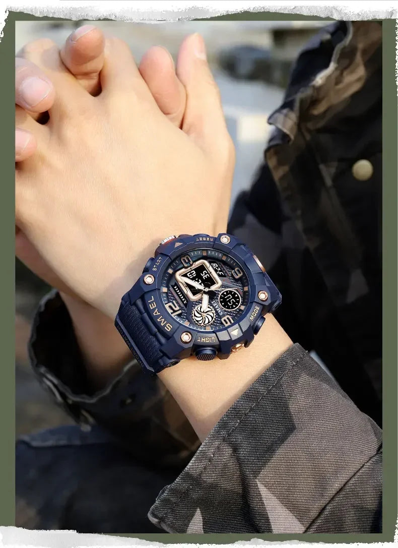 SMAEL Sport Chronograph Stopwatch Wrist Watches for Men Dual Display Waterproof Multi-Functional Digital Quartz Wristwatch Male