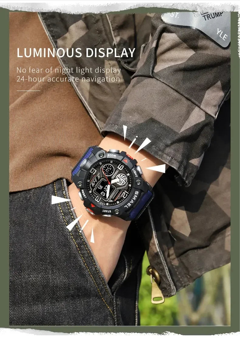 SMAEL Sport Chronograph Stopwatch Wrist Watches for Men Dual Display Waterproof Multi-Functional Digital Quartz Wristwatch Male