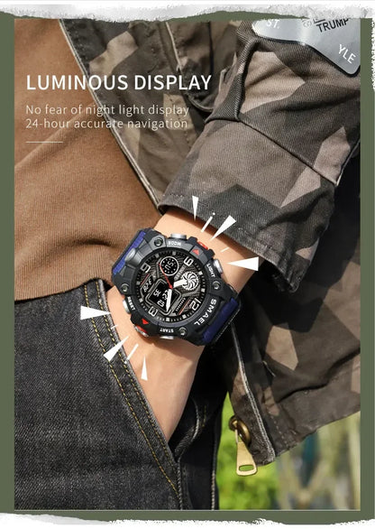 SMAEL Sport Chronograph Stopwatch Wrist Watches for Men Dual Display Waterproof Multi-Functional Digital Quartz Wristwatch Male