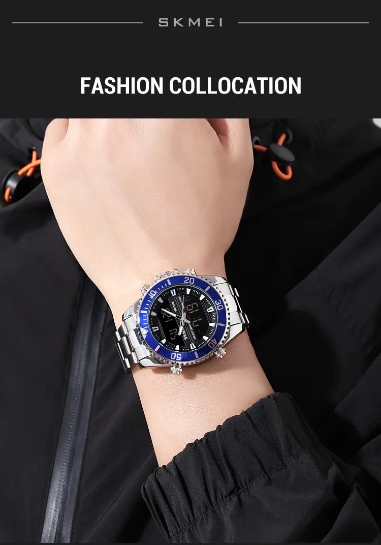 SKMEI 1850  Alarm Men Clock Waterproof Stainless Steel Relogio Masculino Dual Display Watches Mens Fashion Digital Wristwatches