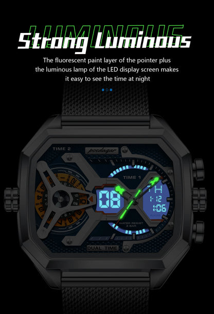 POEDAGAR Top Fashion Men Clock Rectangle Waterproof Date Week LED Man Watch Electronic Mesh Stainless Steel Quartz Men's Watches