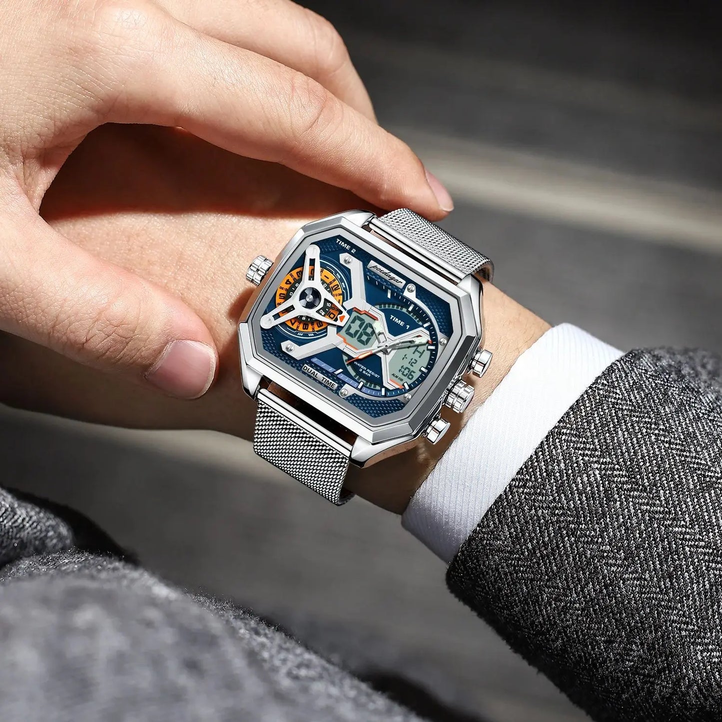 POEDAGAR Top Fashion Men Clock Rectangle Waterproof Date Week LED Man Watch Electronic Mesh Stainless Steel Quartz Men's Watches