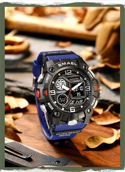 SMAEL Sport Chronograph Stopwatch Wrist Watches for Men Dual Display Waterproof Multi-Functional Digital Quartz Wristwatch Male