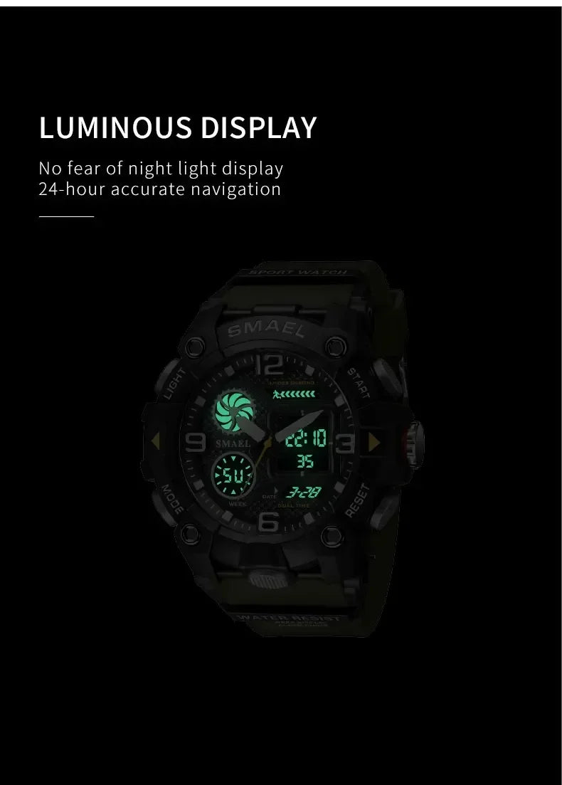 SMAEL Sport Chronograph Stopwatch Wrist Watches for Men Dual Display Waterproof Multi-Functional Digital Quartz Wristwatch Male