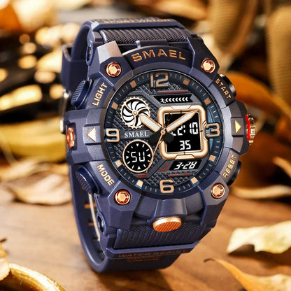 SMAEL Sport Chronograph Stopwatch Wrist Watches for Men Dual Display Waterproof Multi-Functional Digital Quartz Wristwatch Male