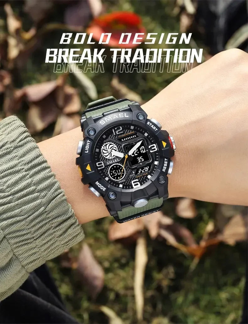 SMAEL Sport Chronograph Stopwatch Wrist Watches for Men Dual Display Waterproof Multi-Functional Digital Quartz Wristwatch Male
