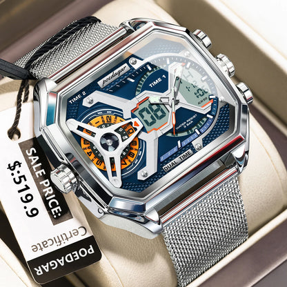 POEDAGAR Top Fashion Men Clock Rectangle Waterproof Date Week LED Man Watch Electronic Mesh Stainless Steel Quartz Men's Watches