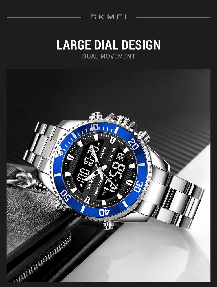 SKMEI 1850  Alarm Men Clock Waterproof Stainless Steel Relogio Masculino Dual Display Watches Mens Fashion Digital Wristwatches