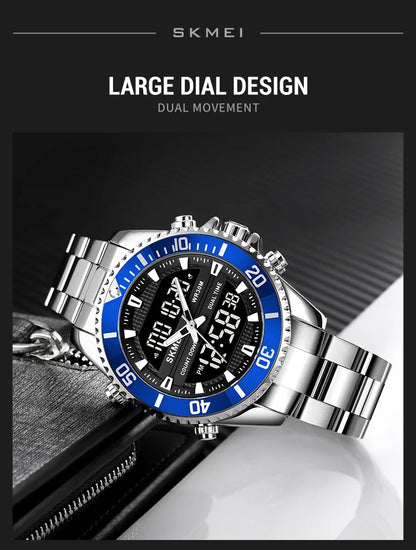 SKMEI 1850  Alarm Men Clock Waterproof Stainless Steel Relogio Masculino Dual Display Watches Mens Fashion Digital Wristwatches