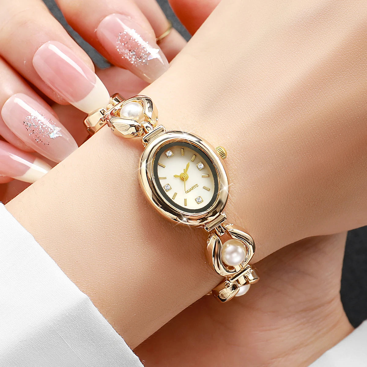 Elegant Women Watches Fashion Pearls Bracelet Ladies Quartz Wristwatch Reloj Mujer Girls Clock Gift (Without Box)