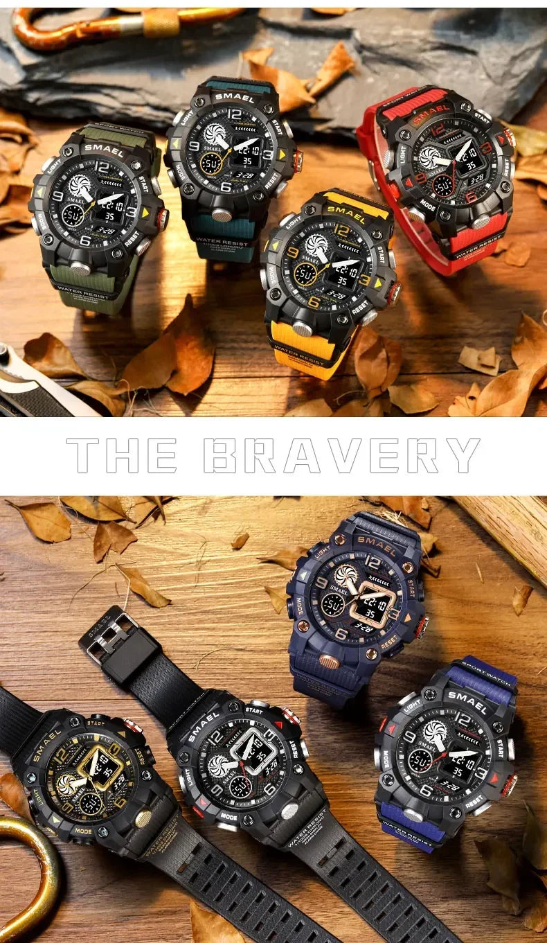 SMAEL Sport Chronograph Stopwatch Wrist Watches for Men Dual Display Waterproof Multi-Functional Digital Quartz Wristwatch Male