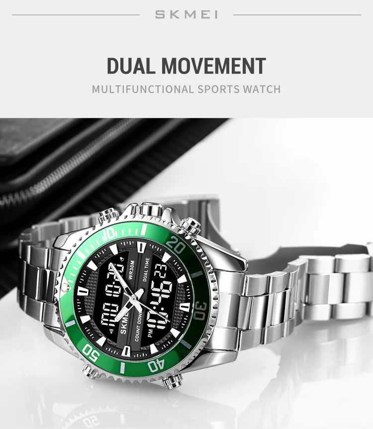 SKMEI 1850  Alarm Men Clock Waterproof Stainless Steel Relogio Masculino Dual Display Watches Mens Fashion Digital Wristwatches