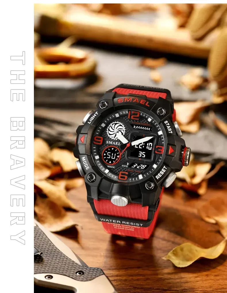 SMAEL Sport Chronograph Stopwatch Wrist Watches for Men Dual Display Waterproof Multi-Functional Digital Quartz Wristwatch Male