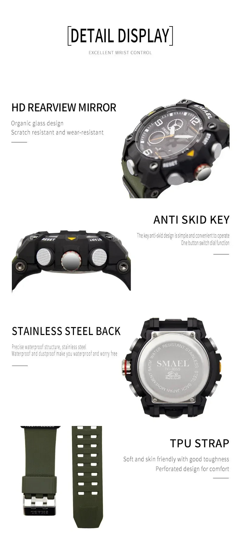 SMAEL Sport Chronograph Stopwatch Wrist Watches for Men Dual Display Waterproof Multi-Functional Digital Quartz Wristwatch Male