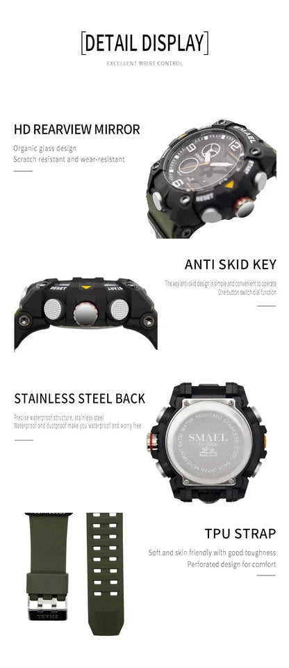 SMAEL Sport Chronograph Stopwatch Wrist Watches for Men Dual Display Waterproof Multi-Functional Digital Quartz Wristwatch Male