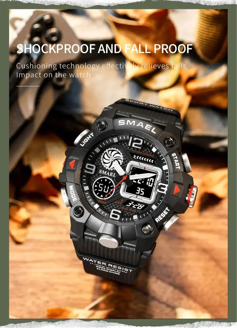 SMAEL Sport Chronograph Stopwatch Wrist Watches for Men Dual Display Waterproof Multi-Functional Digital Quartz Wristwatch Male
