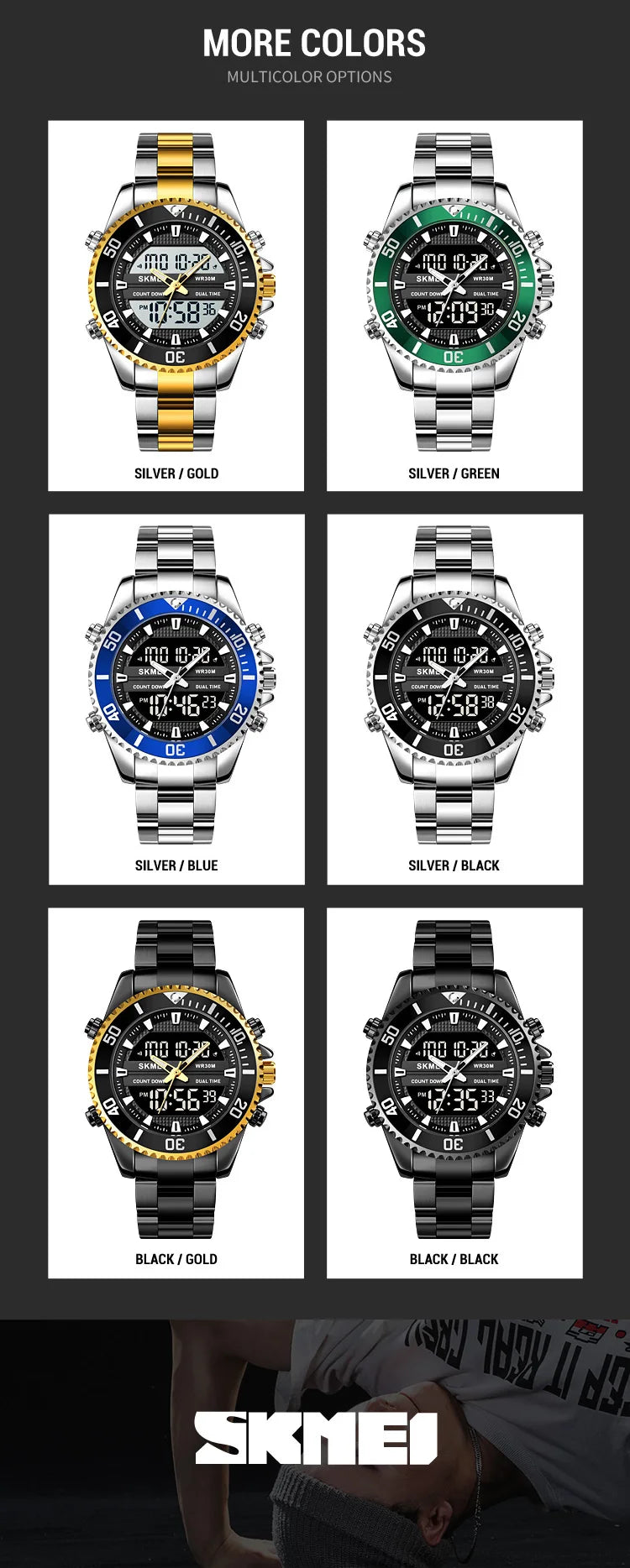 SKMEI 1850  Alarm Men Clock Waterproof Stainless Steel Relogio Masculino Dual Display Watches Mens Fashion Digital Wristwatches